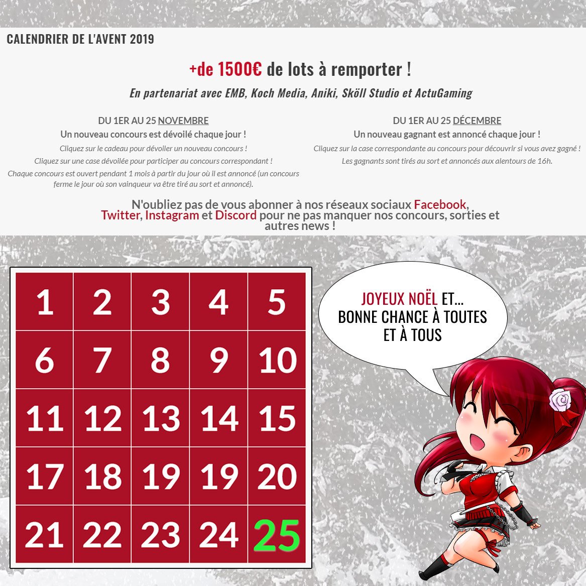 DeriveFigurine's tweet photo. Démarrage ce soir jusqu'au 25 décembre de notre calendrier de l'Avent 2019 avec + de 1500€ de lots à remporter 📆🎄

Du 1er au 25 Novembre, découvrez un #concours par jour à 00h00 et participez jusqu'aux tirages au sort du 1er au 25 décembre 🎁🎄

▶️ https://t.co/mZvIeYbqxF https://t.co/mWscf9uLjt
