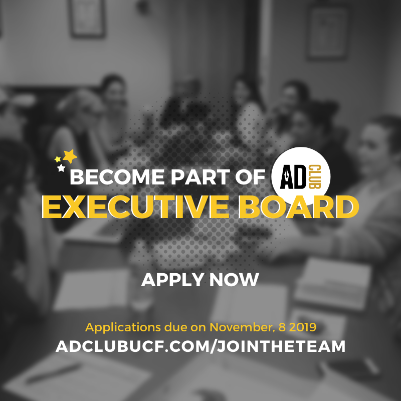 adclubucf's tweet photo. The 🌟 board applications are live! From now until Nov. 8 by 5 p.m., we will accept applications for Spring 2020 - Fall 2020. If interested, please view the 💻 website for further details. We look forward to hearing from you.

Apply here: https://t.co/peHb3SukFH
#AdClubUCF https://t.co/5Flg3LsqMU