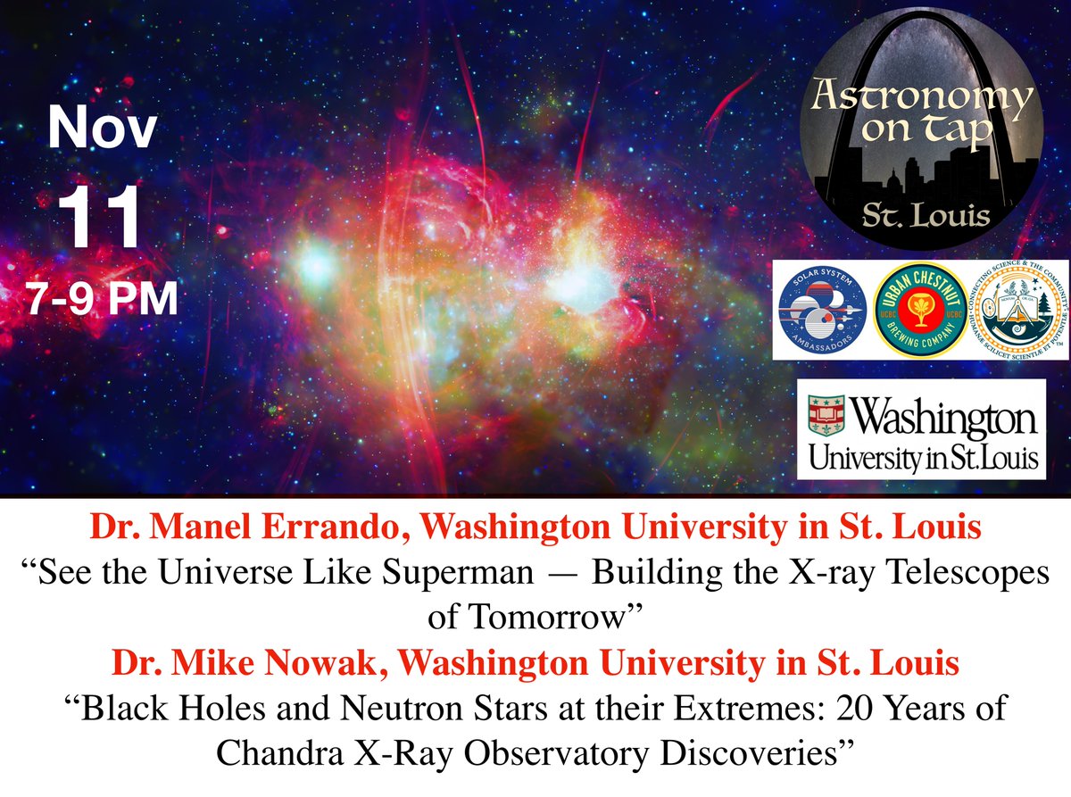 Astronomy on Tap - STL (@stl_aot) on Twitter photo Let's celebrate together 20 years of <a href="/chandraxray/">Chandra Observatory</a> (one of <a href="/NASA/">NASA</a>'s four great observatories) at our next event! <a href="/STL_AoT/">Astronomy on Tap - STL</a> <a href="/astronomyontap/">Astro On Tap HQ</a> <a href="/AcademyofSciSTL/">The Academy of Science of St. Louis</a> <a href="/urbanchestnut/">UrbanChestnutBrewing</a> <a href="/WashUPhysics/">WashU Physics</a>
Don't forget to RSVP on Facebook: facebook.com/events/4128245… Let's celebrate together 20 years of <a href="/chandraxray/">Chandra Observatory</a> (one of <a href="/NASA/">NASA</a>'s four great observatories) at our next event! <a href="/STL_AoT/">Astronomy on Tap - STL</a> <a href="/astronomyontap/">Astro On Tap HQ</a> <a href="/AcademyofSciSTL/">The Academy of Science of St. Louis</a> <a href="/urbanchestnut/">UrbanChestnutBrewing</a> <a href="/WashUPhysics/">WashU Physics</a>
Don't forget to RSVP on Facebook: facebook.com/events/4128245…
