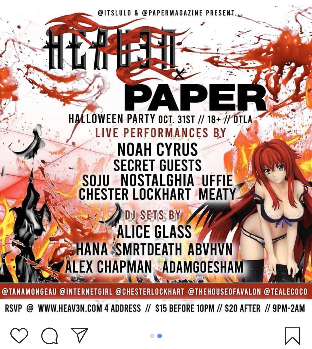 NOSTALGHIA will be playing a set on Halloween 🎃 at angels <a href="/itslulo/">الهي اعفو عني ♡</a> @shopheav3n and <a href="/papermagazine/">Paper Magazine</a> party at @regenttheaterla. Gracing the stage will be some badass ghouls <a href="/noahcyrus/">Noah Cyrus</a> <a href="/ALICEGLASS/">ALICE GLASS</a> and more galore, so don’t snore. See you there, Kittens
