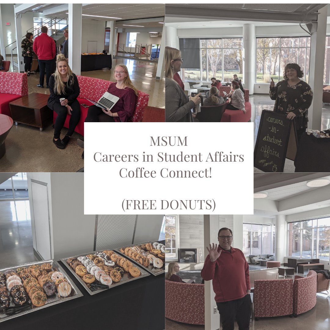 MSUMGradStudies's tweet photo. Shout out to the @MSUMCDC @SamanthaGust for organizing the Careers in Student Affairs Coffee Connect for Student Affairs Month! https://t.co/ZwmMyq5yM1
