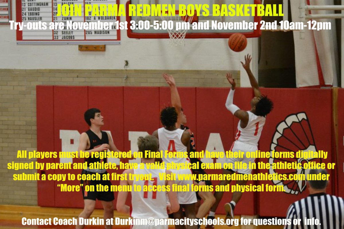 ParmaHighSports's tweet photo. Boys Basketball Try-outs begin tomorrow! #PlayaSport #GetintheGame https://t.co/zxDPk50XCG