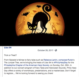 Lilac94duo's tweet photo. 👻 Boo 👻! A #Salzedo feline?

"Throwback Thursday" Halloween treat from 2017!
Philadelphia has been good to #Lilac94...Thank You! 🎃#HalloweenHarps🎃
 
#TwoHarpsAreBetterThanOne https://t.co/JCGGvtwOcq