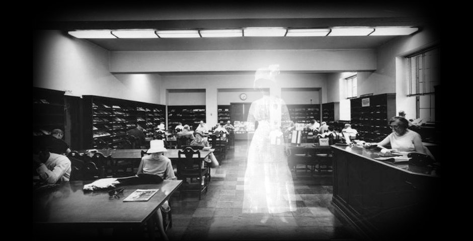 ghost figure in the middle of a library