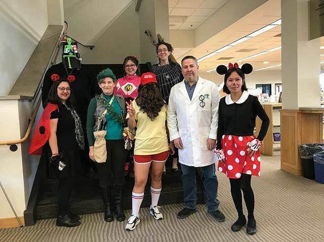 MPCLib's tweet photo. Happy Halloween ๐ MPC lobos ๐บ come check out your friendly library staff on this special day! Also make sure to stop by at the harvest fest to make yourself a festive button!! #mpclib #halloween #staffdressup #coolestbuildingoncampus https://t.co/vW45n20X6G https://t.co/3BOdGQVUNZ