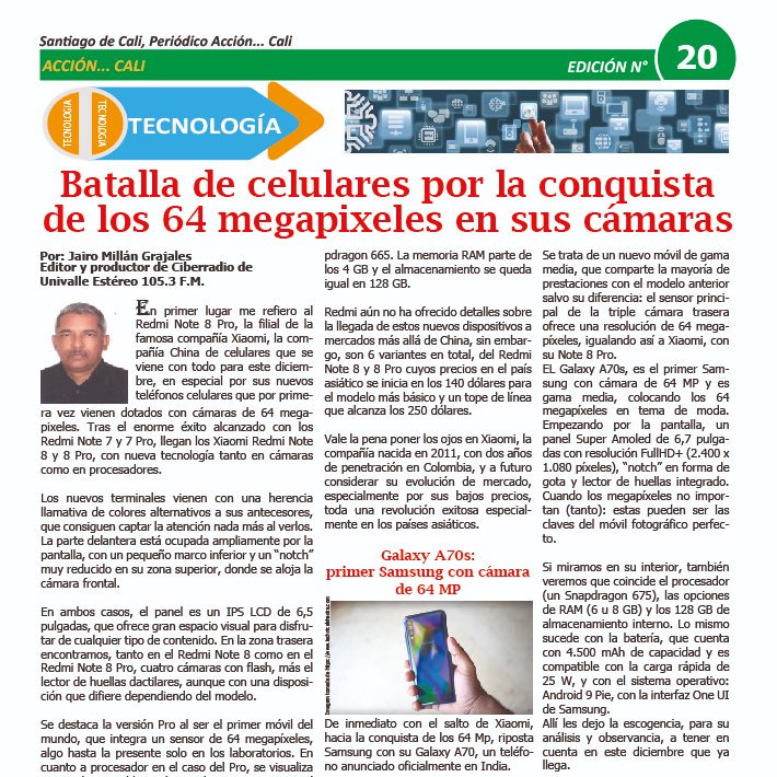 accion_cali's tweet photo. BATALLA DE CELULARES POR LA CONQUISTA DE LOS 64 MEGAPIXELES EN SUS CÁMARAS
#Xiaomi, la compañía China de celulares que se viene con todo para este diciembre.
#Cali #Tecnología #Megapixeles
Lee la comuna en la pág. 5
Enlace https://t.co/izk7JD7l0D
Patrocinado por #Ciberradio https://t.co/JPa9NzbIHI