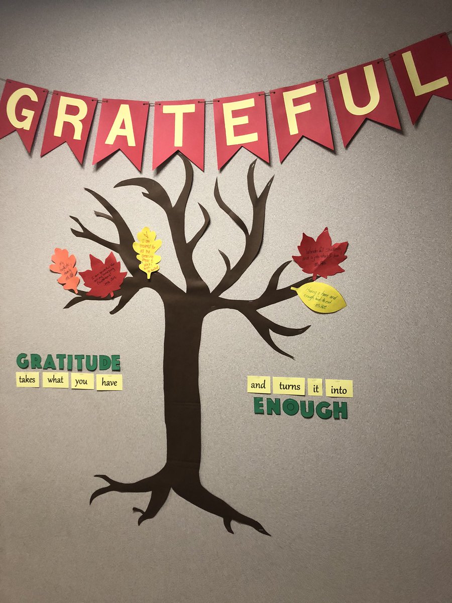 MsPattiFSE's tweet photo. This month we focus on gratitude and the people and things for which we are grateful. I’m asking students and staff to write what they are grateful on a leaf and add it to our tree. I am hoping to see this tree full of leaves! Feel free to add your own next time you are here! https://t.co/gljheP6Spc