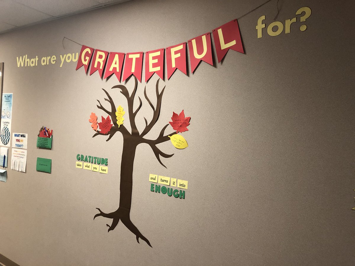 MsPattiFSE's tweet photo. This month we focus on gratitude and the people and things for which we are grateful. I’m asking students and staff to write what they are grateful on a leaf and add it to our tree. I am hoping to see this tree full of leaves! Feel free to add your own next time you are here! https://t.co/gljheP6Spc