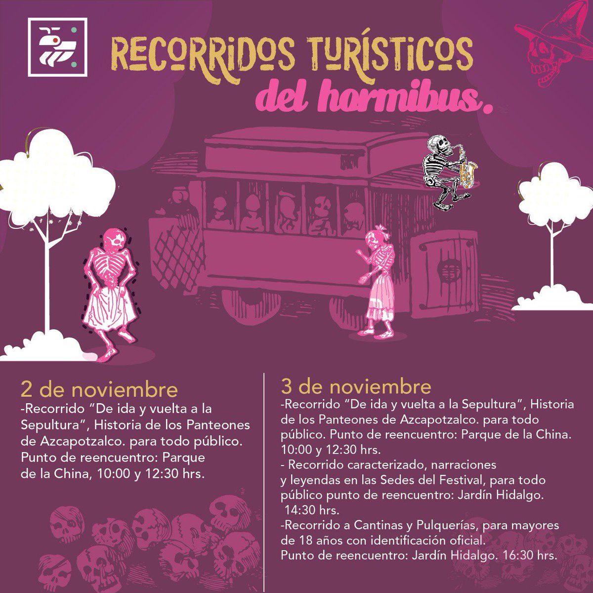 AzcapotzalcoMx's tweet photo. 📌🐜Disfruta de la Celebración de Día de Muertos con los recorridos delhormibus y al mismo tiempo conoce la historia de los panteones de Azcapotzalco, algunas de las leyendas que tienen origen en la alcaldía y mucho más. Consulta los horarios. #SoyAzcapo #ConoceAzcapo https://t.co/zWJJYL603Y