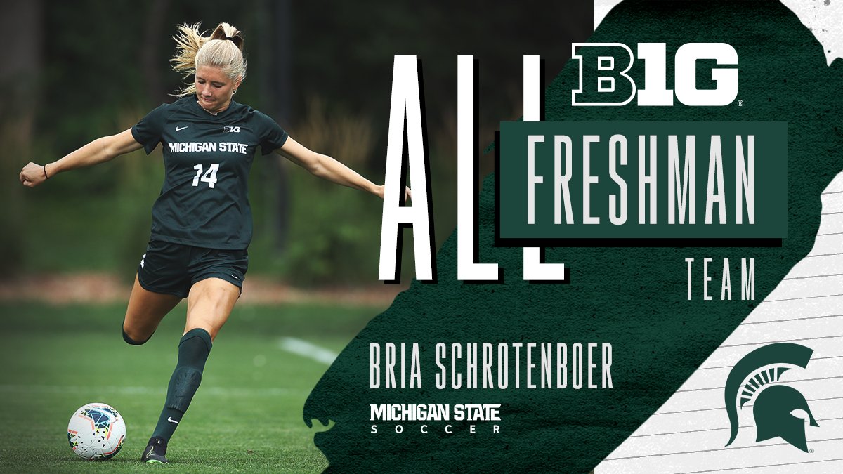 MSU_wsoccer's tweet photo. 👏👏 CONGRATS to freshman defender Bria Schrotenboer on being named to the Big Ten All-Freshman Team!

📝👉 https://t.co/p0s1yZXduY

#GoGreen ⚽️ https://t.co/cQclC9smoR