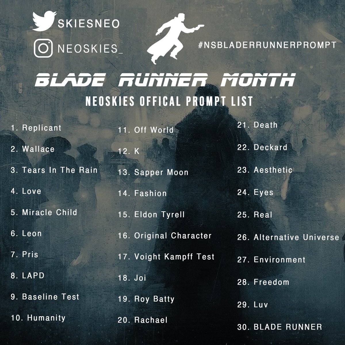 SkiesNeo's tweet photo. Today may be #Halloween but you know what tomorrow is... #BladeRunner Month Baby! 🔥 And I’ve got you covered, with a theme for everyday to get your creative energies flowing. So join me in celebrating Blade Runner by creating your own special piece based on these prompts 🥳💃🏾 https://t.co/T8DZbbNHYx