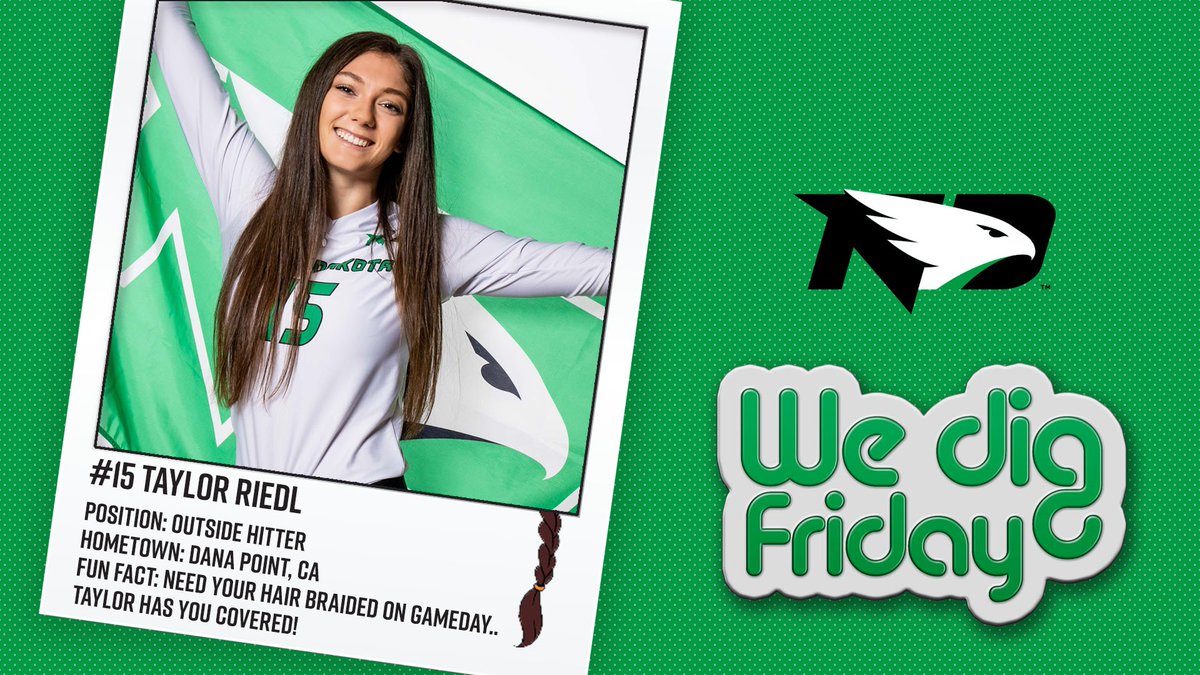 UNDvolleyball's tweet photo. It's a #WeDigFriday Gameday! 

Say Hey to #15, Taylor Riedl 👋

#UNDproud #LGH https://t.co/WxLzB5TjlJ