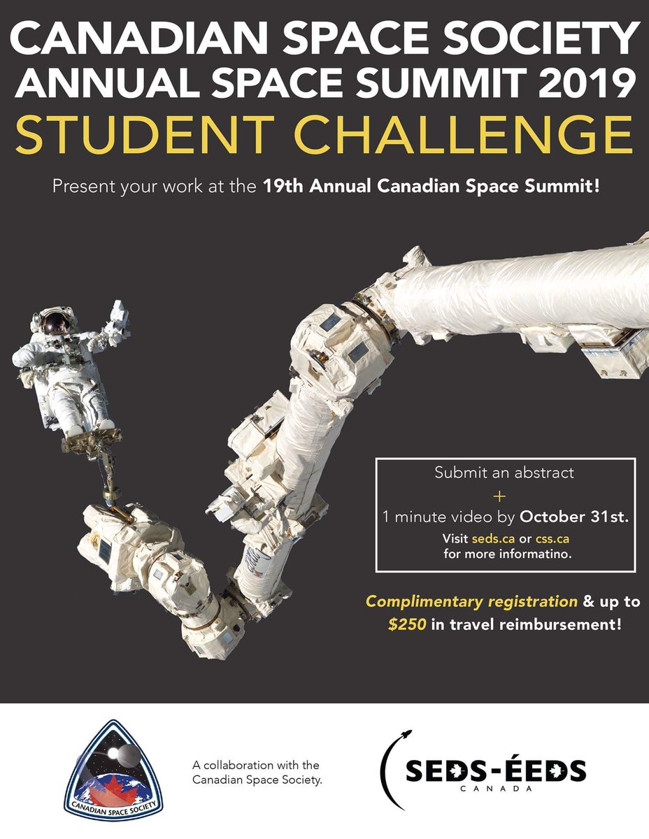 sedscanada's tweet photo. Attention, post-secondary students in π¨π¦! TODAY is the last day to apply for our Student Challenge. Share your work at @CdnSpaceSociety's 19th Canadian Space Summit!
More info: https://t.co/kfnRgT3bn6 https://t.co/frfUKkI9WH