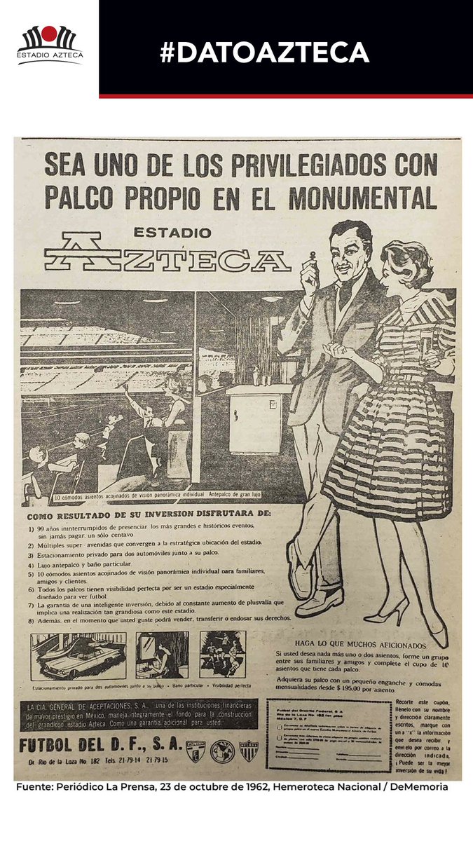EstadioBanorte's tweet photo. #DatoAzteca en el año 1962 los palcos del @EstadioAzteca eran anunciados en los medios impresos de la Ciudad de México, en los cuales se ofrecían los grandes beneficios que los aficionados disfrutarían en el Coloso de Santa Úrsula. https://t.co/1B4UK6P1Pv