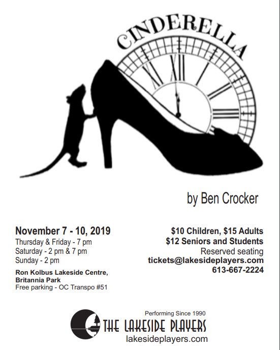 LSPlayers's tweet image. Lakeside Players adds its zany magic to Cinderella – the story of a young girl who loses a shoe. Meet her gender-bending step-sisters and evil step-mother. Fun for all ages! Nov. 7-10. Get your tickets: tktassist.com/Tix/Performanc… #Ottawa #ottawaevents