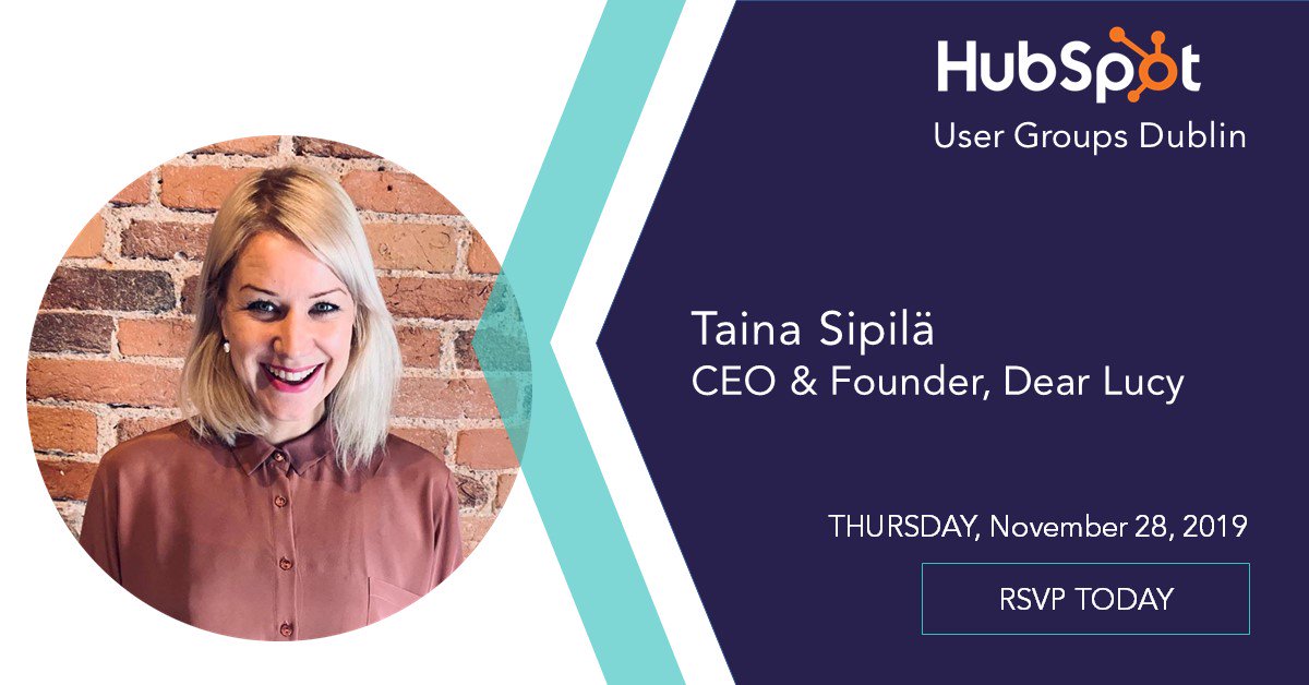 TheDublinHUG's tweet photo. Don't miss out the 2nd gathering of Dublin #HUG!🙌
Come along to hear from the CEO &amp; Founder of  @dearlucycloud, @tainasipila about what makes fast-growing businesses successful🚀

Register NOW 👇
https://t.co/iyl4oMgnAF

#HubSpot #HubSpotUserGroups #LearnInbound #Dublin https://t.co/KNiroRpWb1