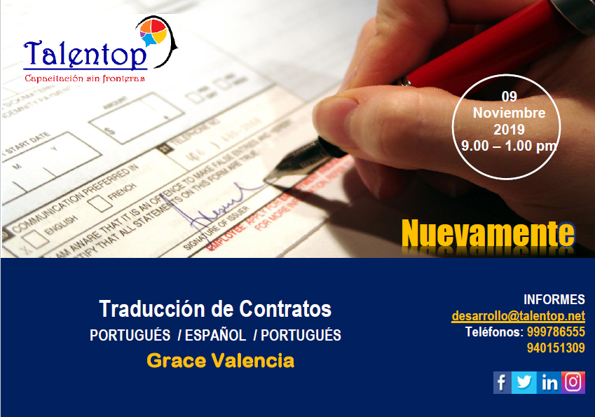 TalentopSAC's tweet photo. @tweet TRADUCCIÓN DE CONTRATOS PORTUGUÉS / ESPAÑOL /PORTUGUÉS CON GRACE VALENCIA
¡NO DEJES PASAR ESTA OPORTUNIDAD!
Inscripciones en [https://t.co/H3LiyPKUJm] https://t.co/Tek83YSGUU