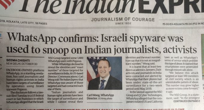 ArunMohapatra's tweet photo. #WhatsApp #Pegasus Israeli spyware was used to snoop on Indian journalists. 

What next?? https://t.co/HZDWNaYRPb