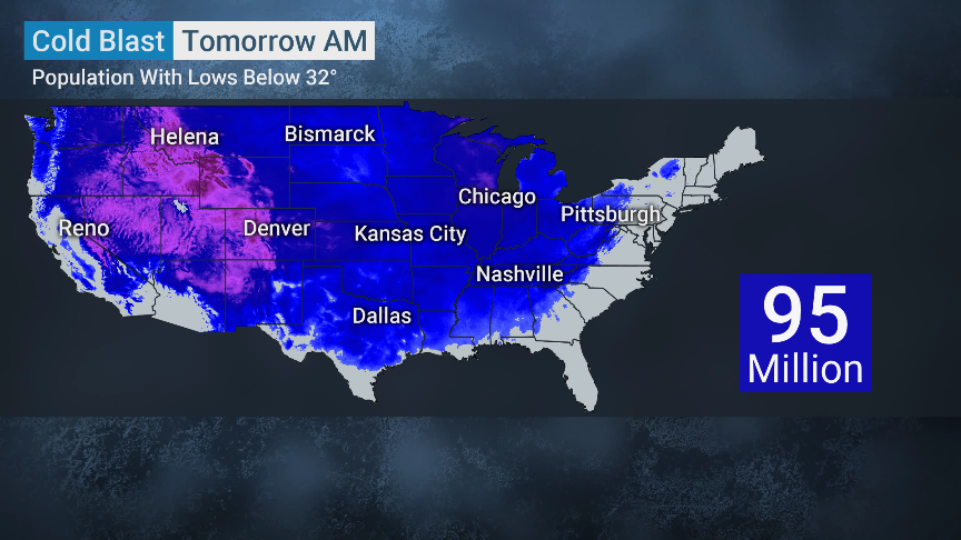 weatherchannel's tweet photo. Bundle up! 95 million people will face temperatures below freezing (32°) in the U.S. tomorrow. https://t.co/hwRmG0vdGd