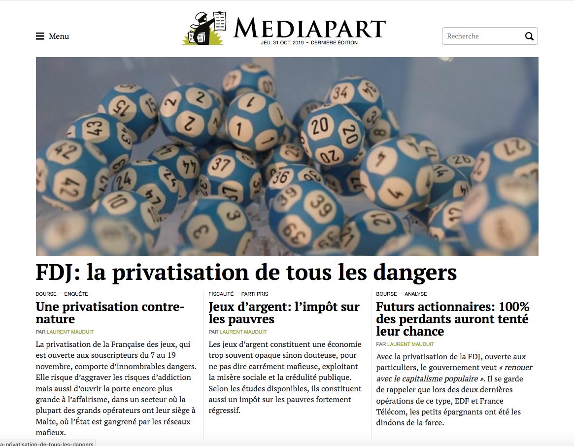Française des jeux: la plus sulfureuse des privatisations, analysée sous toutes les coutures. Affairisme, addiction, impôt sur les pauvres, etc @Francaise_Dj bit.ly/2C165Wk