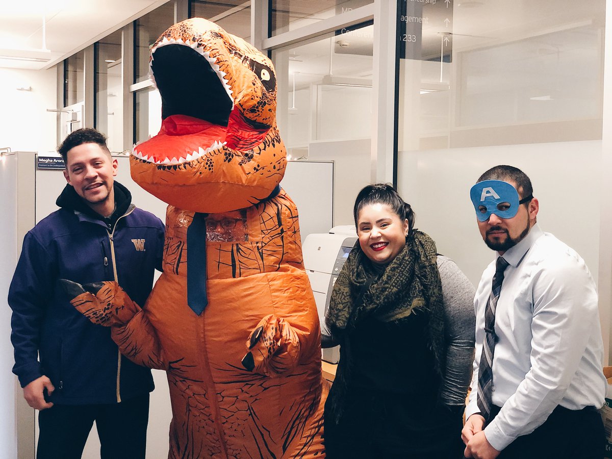 UW_Consulting's tweet photo. We have entered 'Halloween Mode' here at the CBDC! Our Assistant Director, Rebecca Thornton, made a special appearance around Foster this morning. Did you spot the dino?! 🎃#HappyHalloween #UWConsult #UWFoster https://t.co/Y2FUHpWOsP