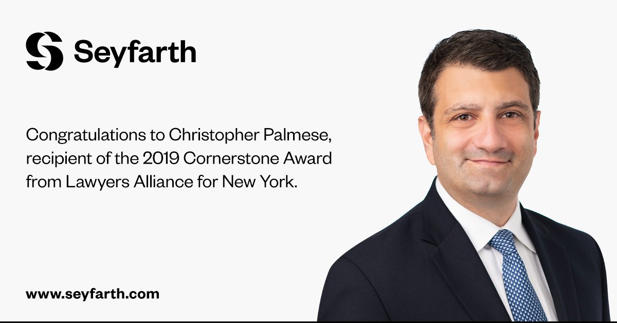 Seyfarth’s Christopher Palmese Receives 2019 Cornerstone Award from <a href="/LawyersAlliance/">Lawyers Alliance</a> for #NewYork!
#CornerstoneAwards <a href="/SeyfarthGiving/">SeyfarthShawGiving</a> #nynonprofits
seyfarth.com/news-insights/…