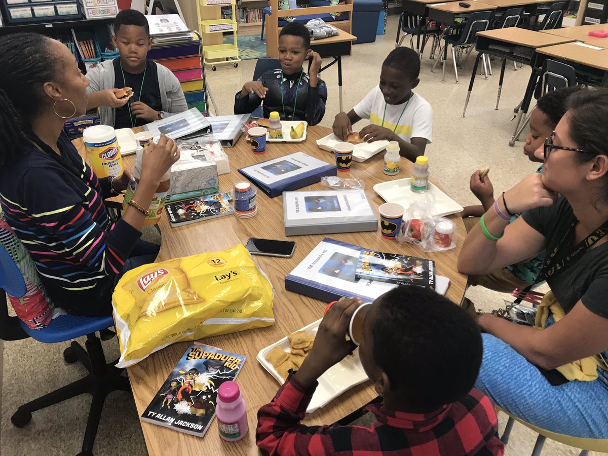 Third grade students <a href="/BrockBAACPS/">BrockBridgeAACPS</a> excited to be participating in their very own “The Supadupa Kid” book club led by their #AACPSAwesome teachers, Mrs. Marcellus and Ms. Ozdinec. Thank you author, <a href="/TyAllanJackson/">Ty Allan Jackson</a>, for autographing their books. <a href="/AACPSRightStart/">AACPSRightStart</a>