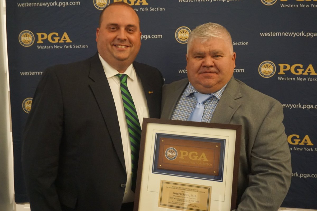 We are pleased to recognize Joe Bock, PGA Head Golf Pro <a href="/HickoryStick_GC/">Seneca Hickory Stick</a>, for being named the Western New York PGA (@WNYPGA) Merchandiser of the Year - Resort. Joe (right) is pictured here with WNYPGA Awards Chairman Kyle Benish. Learn more: bit.ly/31M8Ipp. #KemperPride