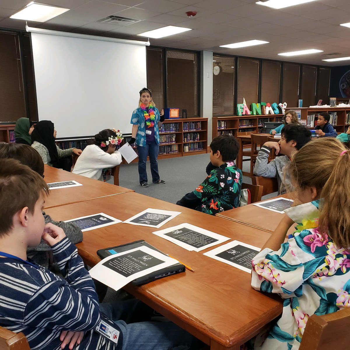 msimms514's tweet photo. Happy Halloween! Hoffmaster's 6th &amp; 7th grade art classes came in for a lesson on imagery using poems &amp; music as inspiration. #ccisdlibs @CCISDLibrary @CLI_Eagles https://t.co/x6VA8NK2O3