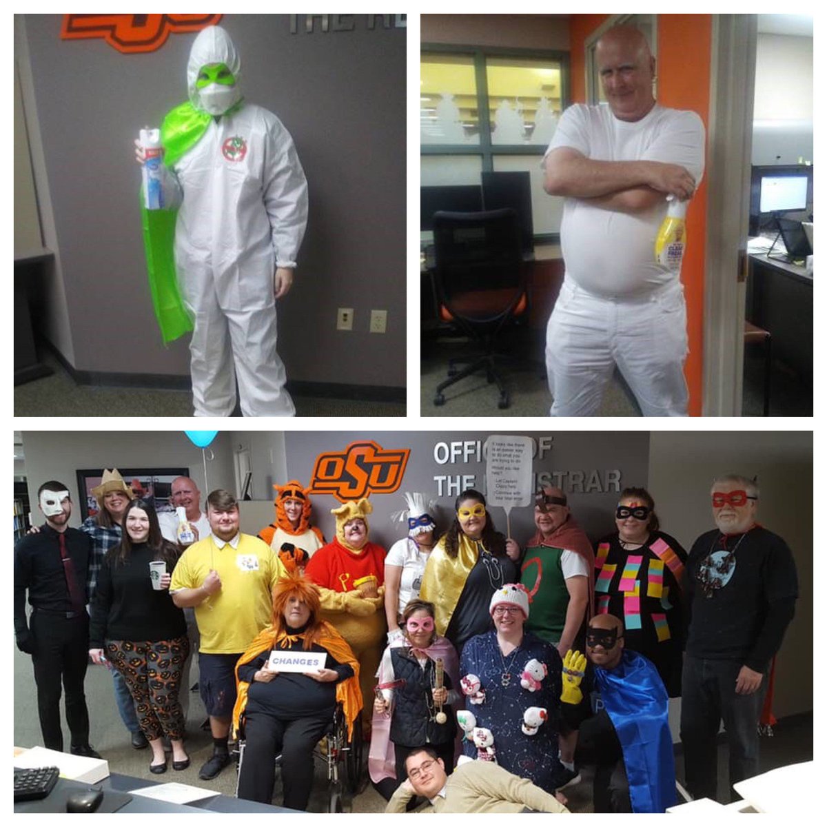 RegistrarOSU's tweet image. Congrats to Sara Mayo and Jeff Packham for their contest-winning costumes! We were so impressed with all of the fantastic costumes in our office today – it was definitely a Halloween full of treats!!! #imokstate #halloween #germaphobe #mrclean