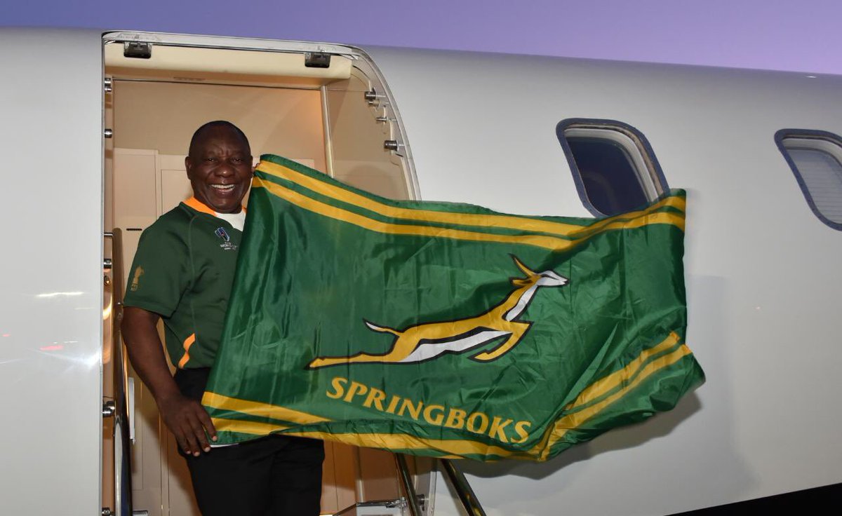 PresidencyZA's tweet photo. President @CyrilRamaphosa departing South Africa 🇿🇦 for Yokohama, Japan ��🇵 where he will lead the nation’s support for the @Springboks in their Rugby World Cup final against England. #RWC2019 #StrongerTogether https://t.co/TJqFdJou58