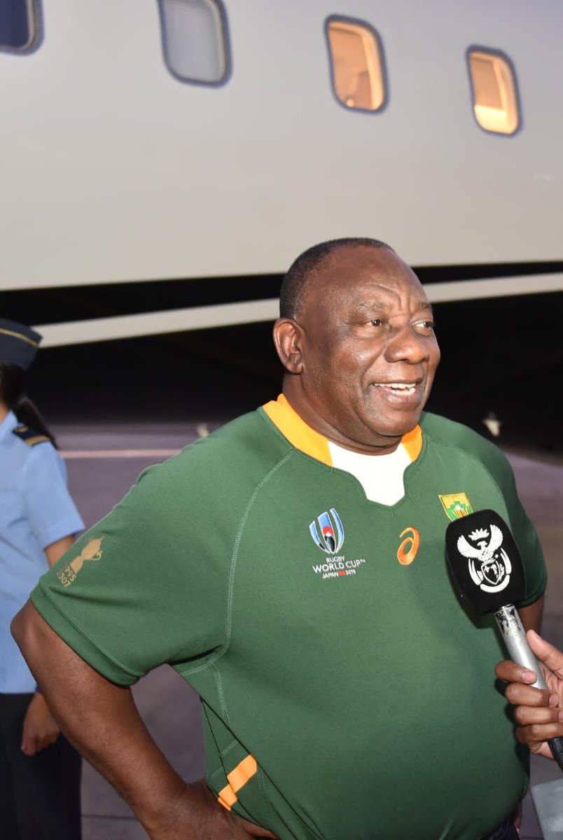 PresidencyZA's tweet photo. President @CyrilRamaphosa departing South Africa 🇿🇦 for Yokohama, Japan ��🇵 where he will lead the nation’s support for the @Springboks in their Rugby World Cup final against England. #RWC2019 #StrongerTogether https://t.co/TJqFdJou58