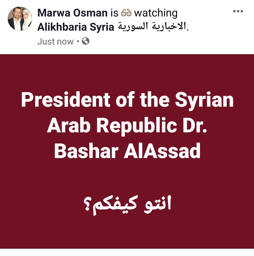 Marwa__Osman's tweet photo. Watching @Presidency_Sy on @alikhbariasy
#LongLiveSyria https://t.co/vhbdpKlSYt