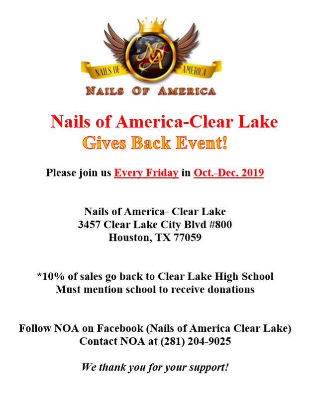 ProjectClhs's tweet photo. Treat yourself and a friend/family member to a manicure/pedicure at Nails of America (next to HEB) EVERY FRIDAY in 2019. They will donate !0% to CLHS. #SupportProjectGraduation https://t.co/zgUqSqpmML