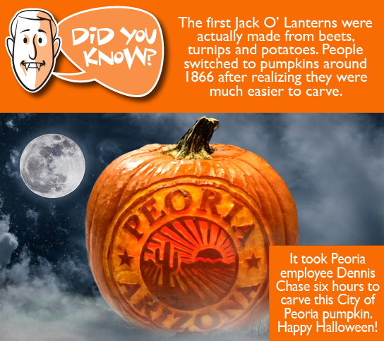 Did you know ... The first Jack O'Lanterns were made from beets, turnips and potatoes? People switched to pumpkins around 1866 after realizing they were much easier to carve. 

It took Peoria employee Dennis Chase six hours to carve this pumpkin. #HappyHalloween!