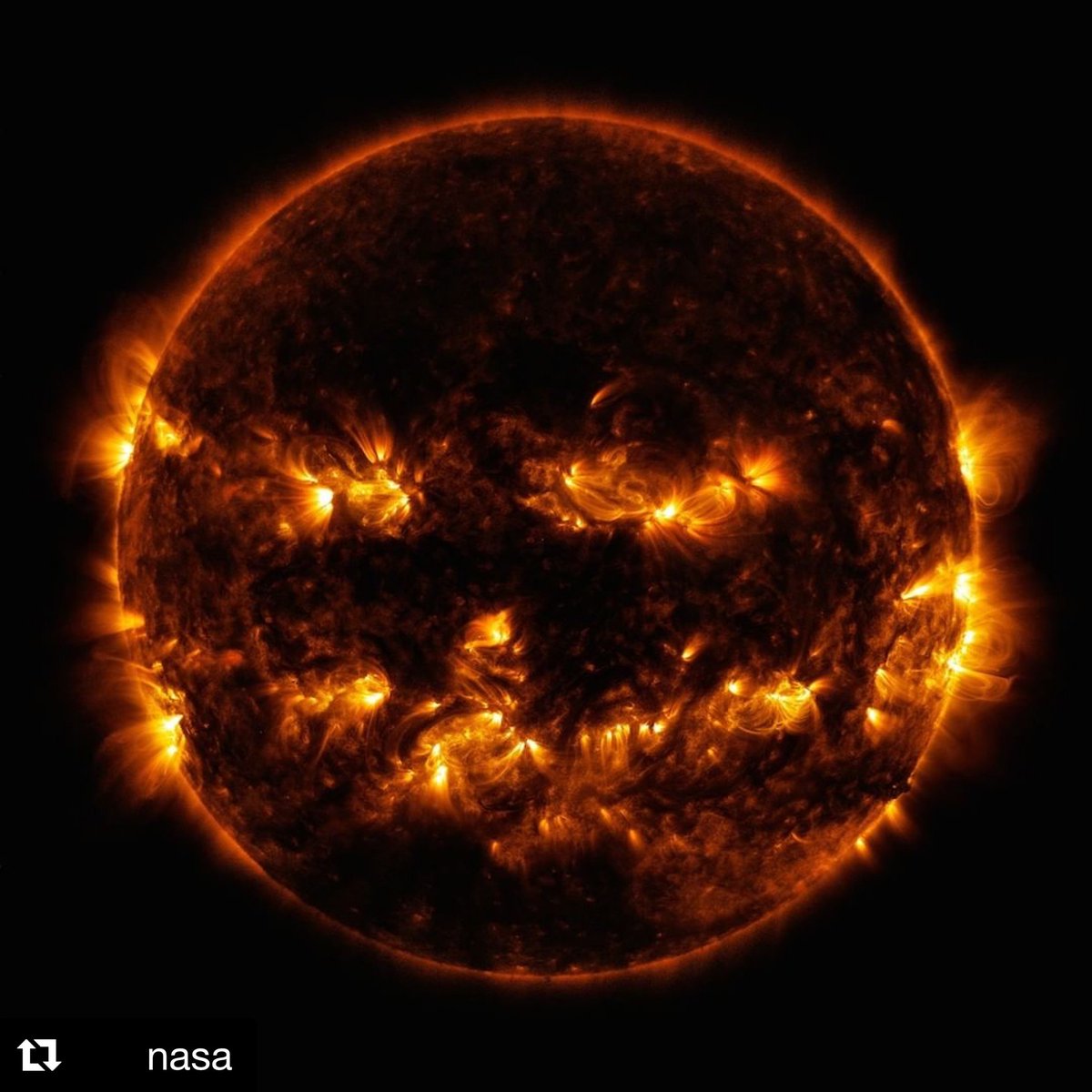 columbiaspace's tweet photo. Happy Halloween from your favorite star ๐ ๐ ๐
Image Credit: NASA/SDOโฃ
โฃ
#nasa #space #halloween19 #halloween #pumpkin #spookystem #spacemuseum #STEMmuseum https://t.co/tb4xZsoZfH