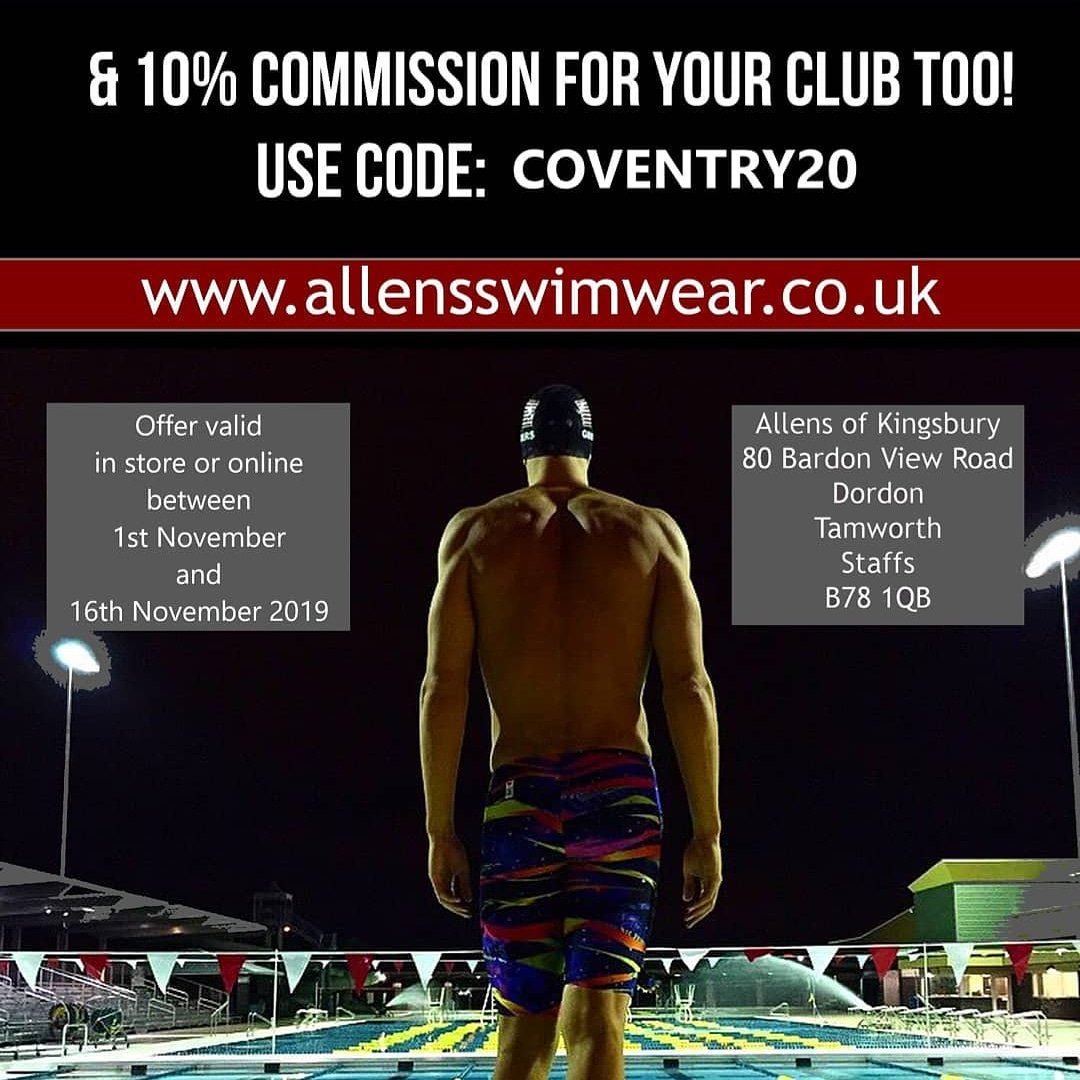 SwimCoventry's tweet image. Reminder your 10% offer for Allen's of Kinsbury starts tomorrow, check the discount code in the photo! #COCSC #bethebestyoucanbe #GoTeamCov #readyforchristmas