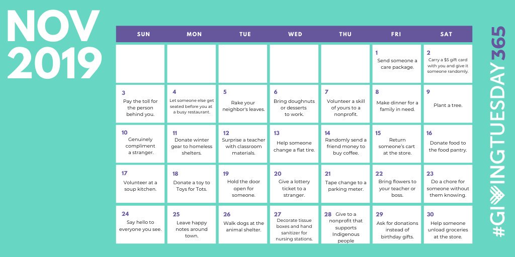 A November Calendar with acts of kindness on each day