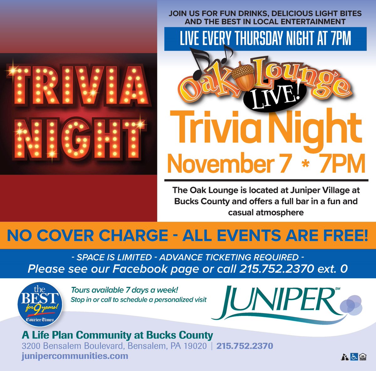 junipervillages's tweet photo. Join us in the Oak Lounge every Thursday at 7 PM for our Oak Lounge Live series. Next Thursday is Trivia Night. Bring yourself or a whole team and compete for fun and prizes. It's always a good time at the Oak Lounge atBucks County, 3200 Bensalem Boulevard, Bensalem, PA https://t.co/wzm8tNLXmp