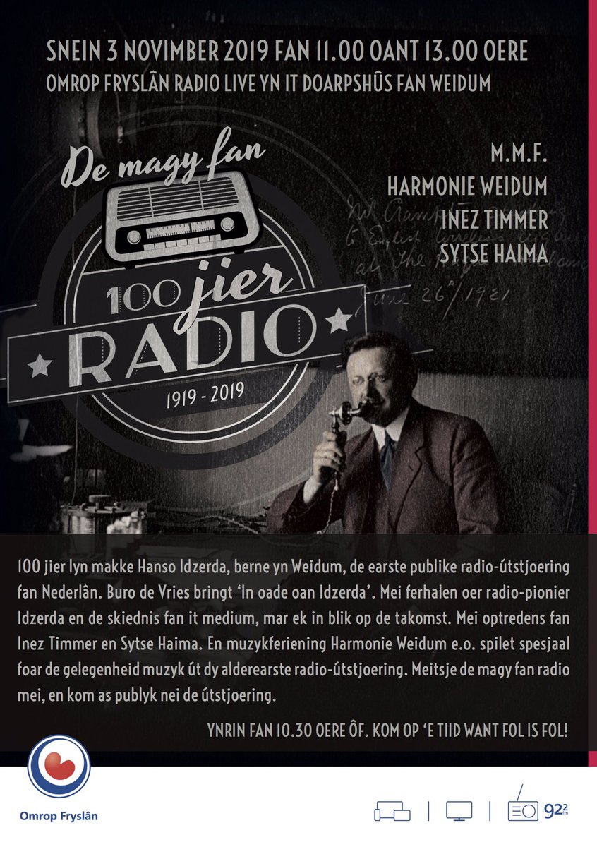 HarmonieWeidum's tweet photo. 100 jier radio!
Mei û.o.: 
Wy spylje 3 nûmers út it program fan de alderearste radio útstjoering fan ‘e wrâld én 1 nûmer mei Inez Timmer!
#100jaarradio 
#100yearsofradio
#100jierradio
#weidum
#Idzerda
#WWII
#teamblau
#sûnt1898
#hafabra
#fanfare https://t.co/mlQwzMRflt
