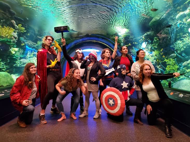 nyaquarium's tweet photo. Happy Halloween from Aquarium Education team - aka:
Sea Starlord, Dr. Strangelfish, Fincredible Hulk, Thorca, Tony Shark, Captain Mackerel, Captain Aquarica, Scarlet Fish, Groot White Shark, and Aukeye. 🎃🐳👻🦈 https://t.co/Qjw97nQQNV