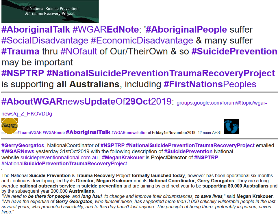 WgarNews's tweet photo. #NationalSuicidePreventionTraumaRecoveryProject website is Launched https://t.co/pYubVl8gmC, led by #MeganKrakouer Director, #GerryGeorgatos NatCoord of #NSPTRP | #AboriginalTalk #WGARcompilation of 1stNov19 ft #SuicidePrevention #AboriginalTraumaSupport https://t.co/gzsz7gA69P https://t.co/O3QNBFfHnG