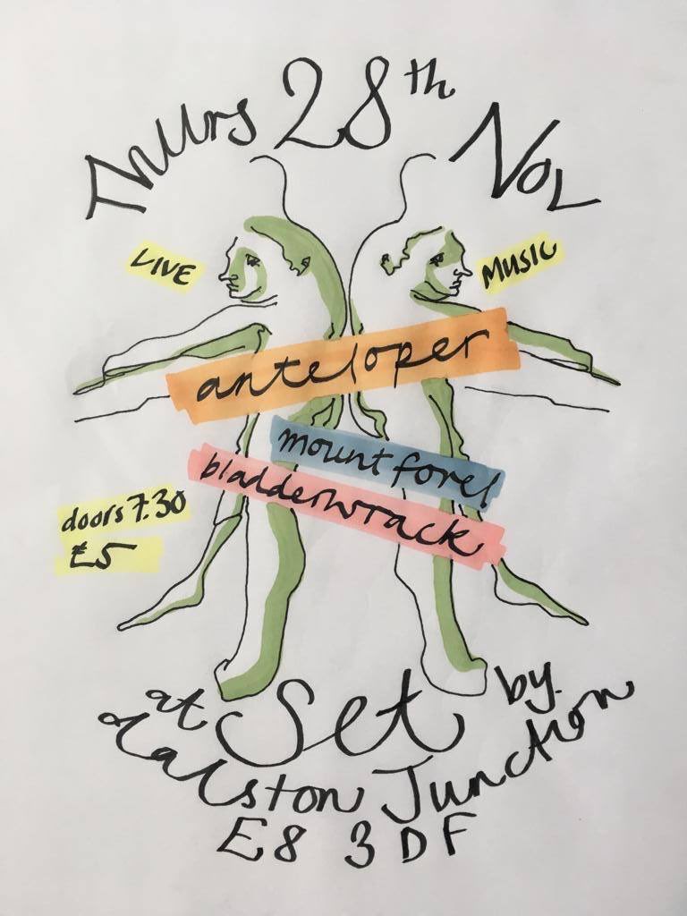 No interactive painting at our next gig, just straight up good tunes at SET in #dalston with our good friends <a href="/anteloperband/">anteloper</a> and Bladderwrack £5 OTD #gigs #altrock #RockBand