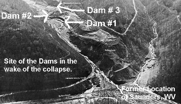 The government officials and coal companies of Logan County decided to store this never-will-be-safe blackwater uphill from 5,000 folks in 16 different coal towns. It was deemed one day "satisfactory" and 4 days the dams broke. 125 more people sacrificed on the altar of profit.