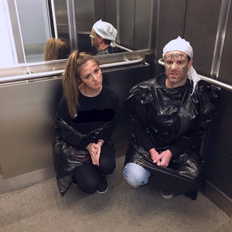 play107yeg's tweet photo. GUYS!!!! We’re the elevator trash! 🗑🙌🏻 #trashtradish #makinganexit #halloween #costumecontest @jakeryanfm @hannahwitherbee https://t.co/hO2TpLeXd8