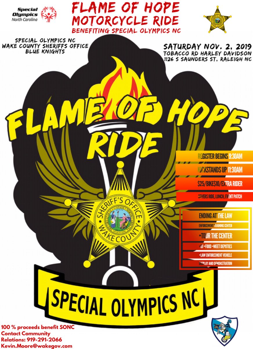 WakeSheriff's tweet photo. Calling all bikers. This Saturday, Nov. 2, beginning at 11:30 a.m., the @WakeSheriff is hosting a fundraiser for @SONorthCarolina. Registration begins at the Tobacco Rd. Harley Davidson, St. Saunders St., Downtown Raleigh., ending with FOOD. See the flyer for details. https://t.co/nVWInASi2Q