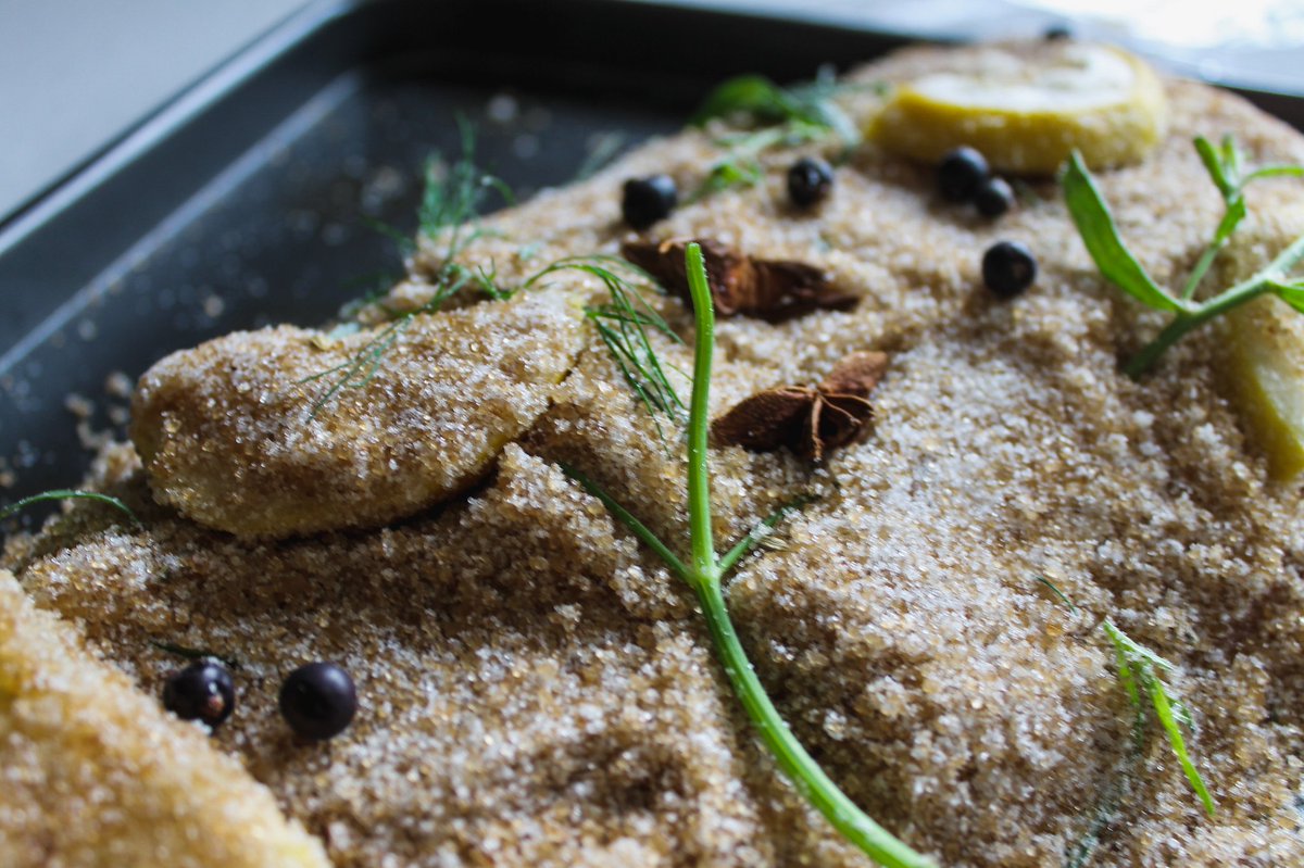 HearthDining's tweet photo. "Robert Smith" 
brown sugar and sea salt cure with dill, star anise, fennel seed and juniper berry.
#pun #thecure #privatechef https://t.co/QcGbs1rkNj