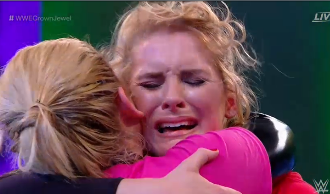 nodqdotcom's tweet photo. Legit tears after the match. Such a cool moment. #WWE #WWECrownJewel https://t.co/TwPgn0NTl7