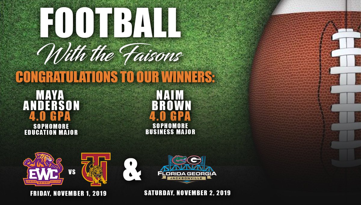 ewctigers's tweet photo. Congratulations to our winners of Football with the Faisons
Ms. Maya Anderson, Soph. Education Major &
Mr. Na'im Brown, Soph. Business Major
Both earned 4.0 GPA's at midterm for Fall 2019! https://t.co/xuJ8H4Htfv