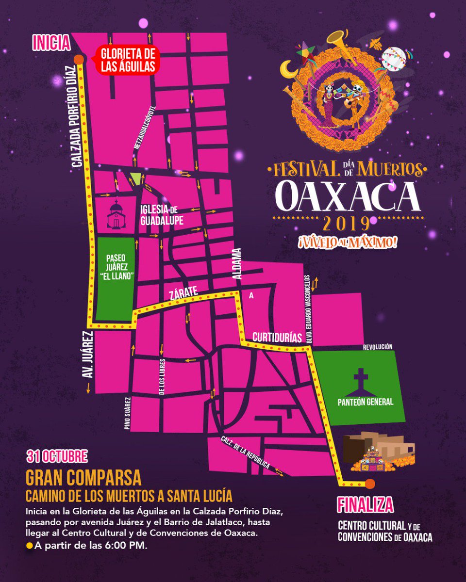 YolandaLopezDip's tweet photo. Hoy es la #GranComparsa en la Ciudad de Oaxaca de Juárez, la salida será de la calzada Porfirio Díaz a las 18 horas y concluirá en el Centro Cultural y Convenciones de #Oaxaca. 
Asiste y disfruta con tu familia del "Festival de #DiaDeMuertos Oaxaca 2019". https://t.co/c4Qs0gOJdS
